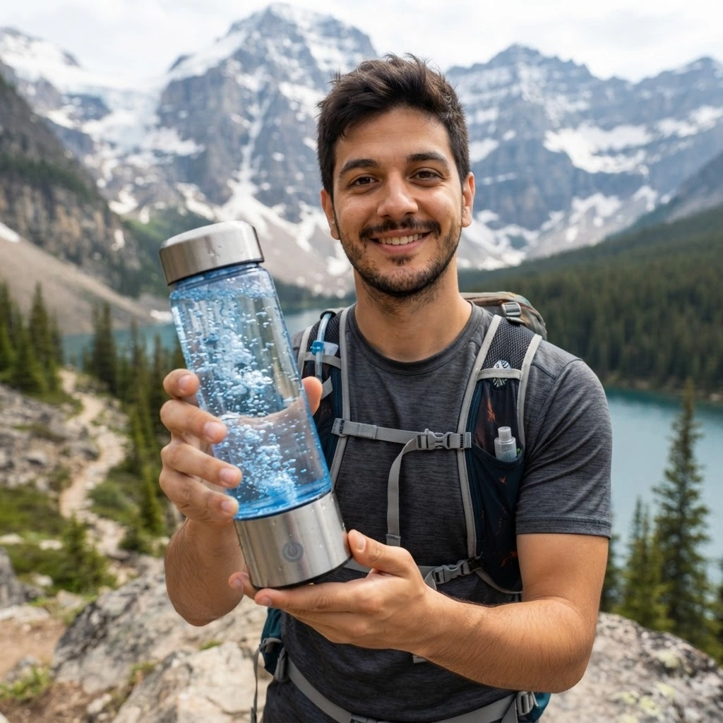 Marcus Chen, 32, on a mountain trail with his AquaFusion bottle
