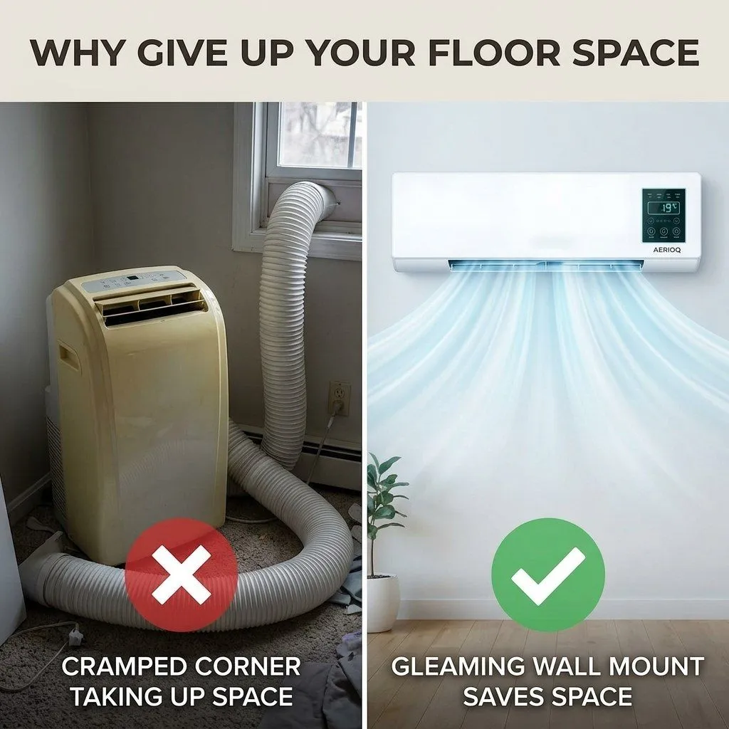 AerioQ wall-mount vs portable floor AC comparison — saves floor space