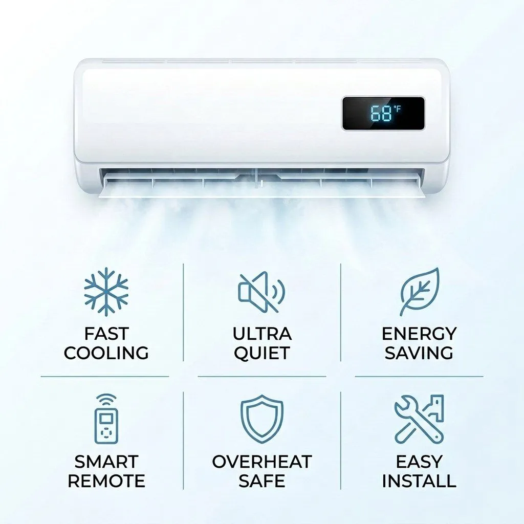 AerioQ features: fast cooling, ultra quiet, energy saving, smart remote, overheat safe, easy install